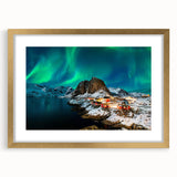 Abstract art print depicting a serene Norwegian landscape in muted blues and greens on a framed canvas.