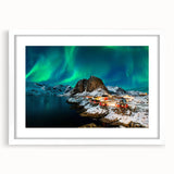 Textured art depicting a serene Norwegian landscape in muted blue and green hues on a framed white mat.