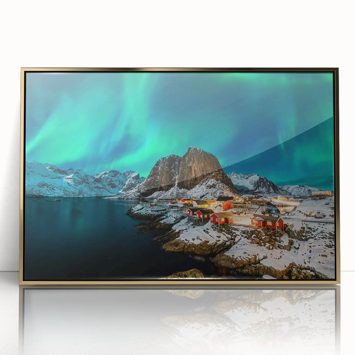 Art deco poster of a scenic Norway landscape in gold acrylic frame, suitable for modern art wall decor in nurseries.