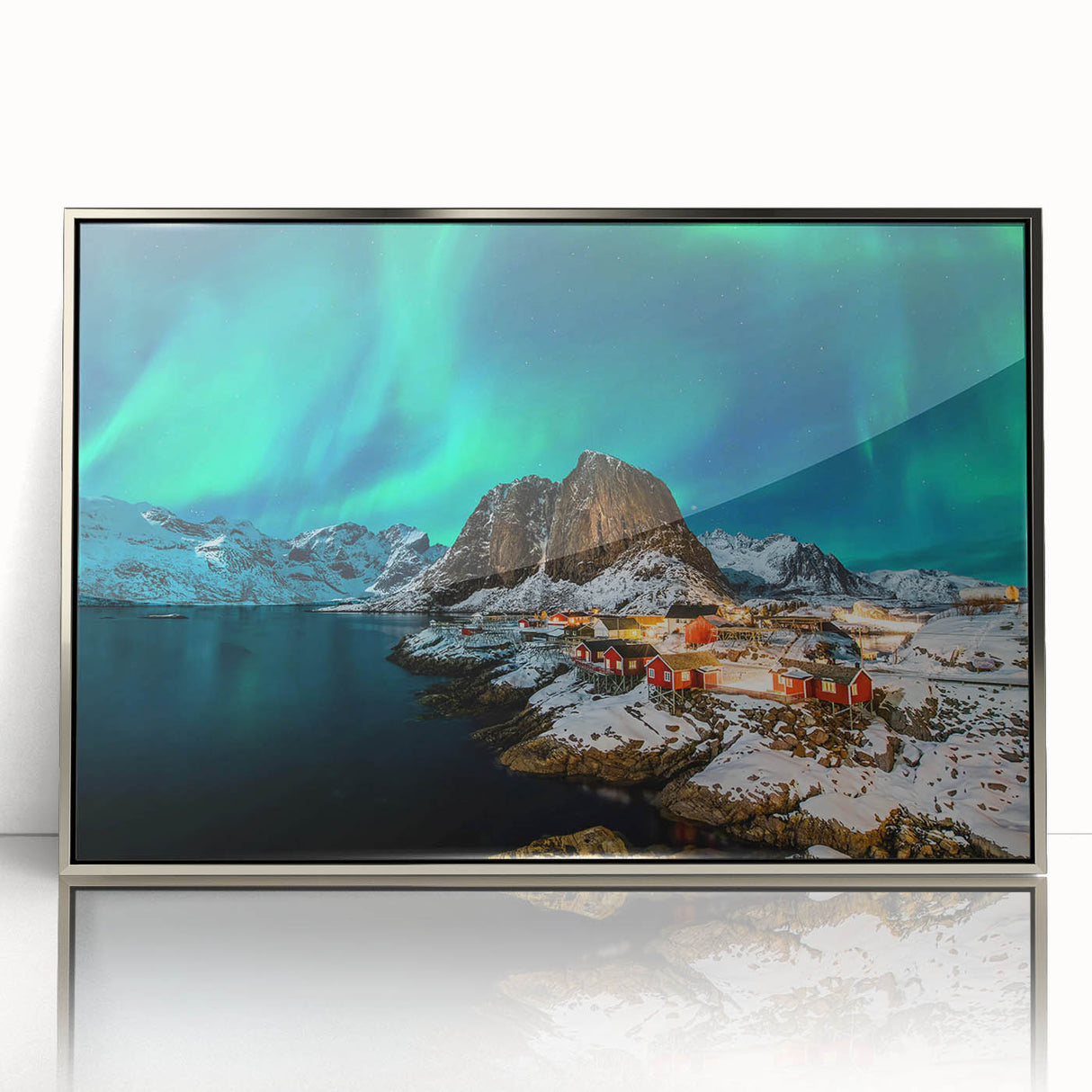 Framed acrylic print of a serene Norwegian landscape in muted green and blue tones, ideal for modern art wall decor.