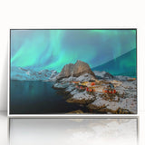 Mid-century modernist art depicting a serene Norwegian landscape, in muted earth tones on a framed acrylic.