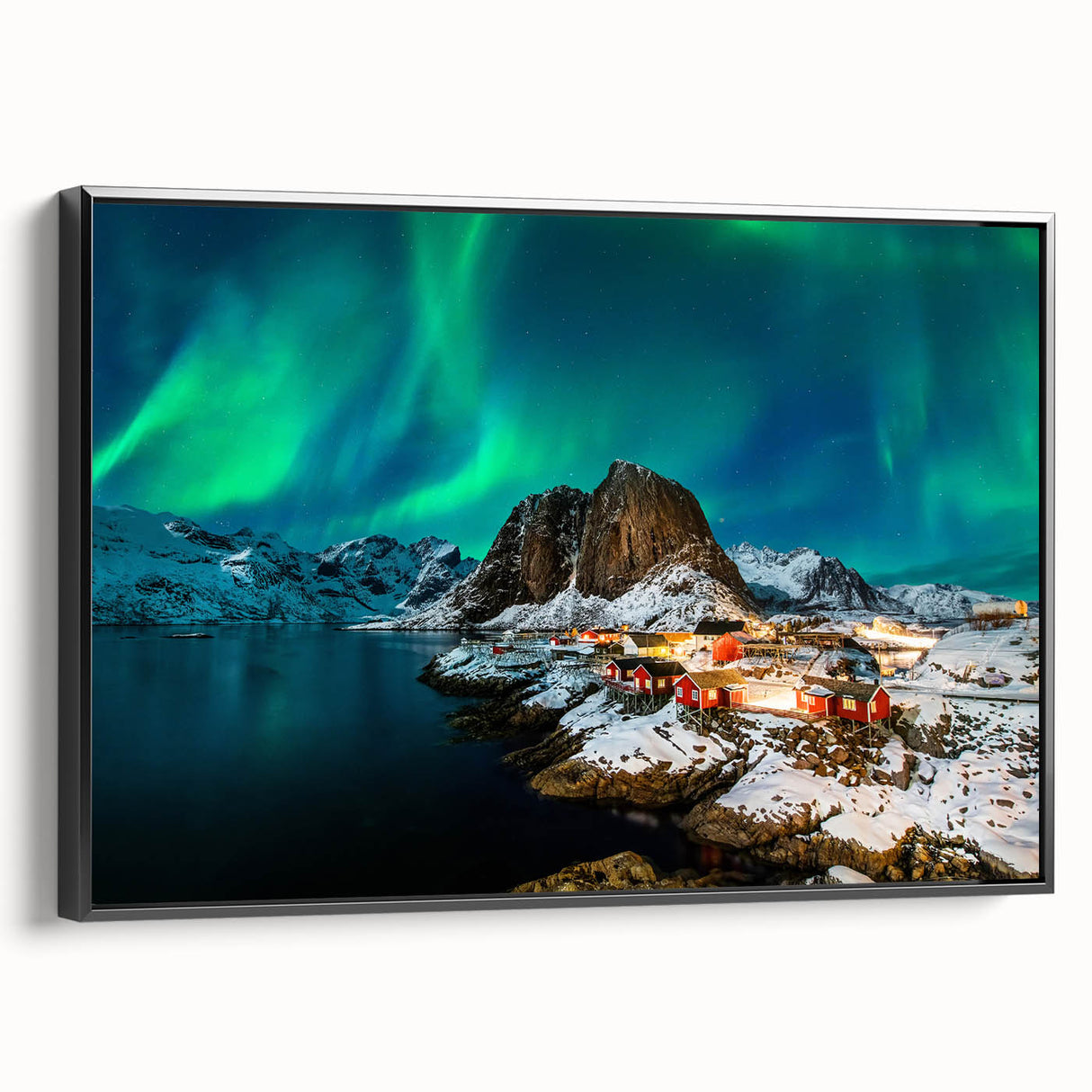 Black and white wall art featuring a vintage poster art style landscape of Norway, ideal for bedroom decor, framed canvas.