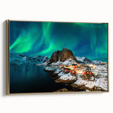 Framed canvas depicting a vintage-style landscape of a Norwegian scenery in black and muted gold tones.