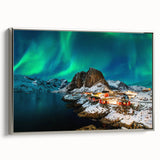 Landscape art painting of a Norwegian scenery on framed canvas, featuring muted earth tones and vintage poster style.