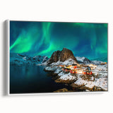 Vintage poster art of a scenic Norwegian landscape on a framed canvas, featuring vibrant colors, ideal for living room decor.