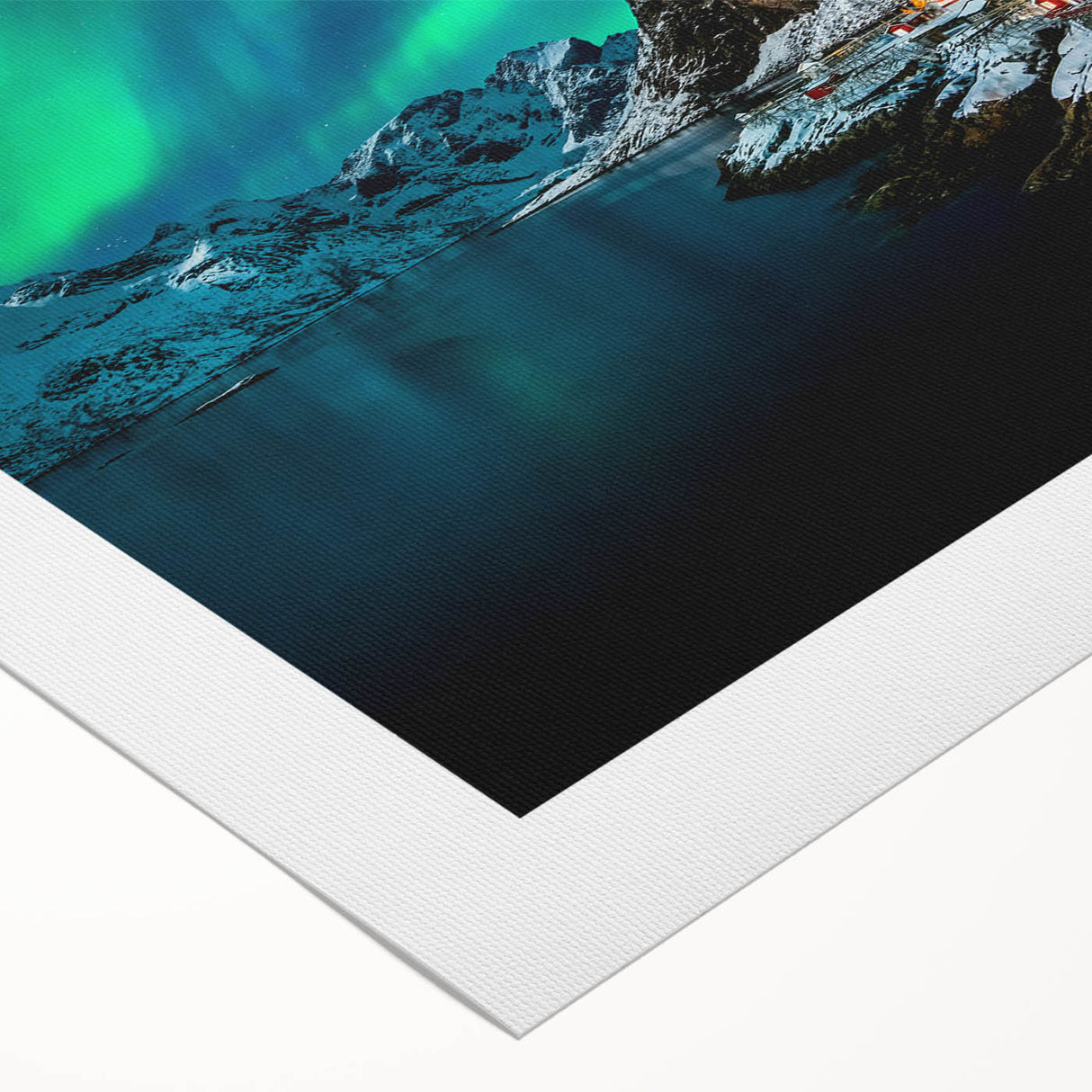 Art deco poster of a tranquil Norway landscape in soft green and blue tones on rolled canvas, suitable for dining room decor.