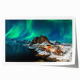 Extra large rolled print depicting a serene Norwegian landscape with vibrant green and blue tones.