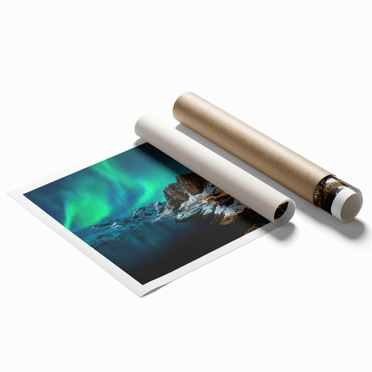 Extra large rolled print featuring a serene Norwegian landscape with muted green and blue tones.