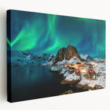 Large art print of a serene Norway landscape on stretched canvas, featuring cool blue and green tones.