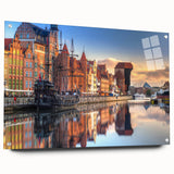 Acrylic print of a large abstract depiction of a European cityscape in muted grays and blues, ideal for dining room decor.