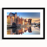 Textured abstract art print depicting a colorful European landscape on a large framed canvas, suitable for living room decor.