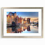 Extra large abstract art print of a European scenery in silver frame, textured finish, ideal for living room decor.