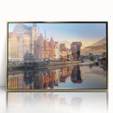 Art deco poster of a European cityscape in gold and black tones, acrylic print, suitable for modern art wall decor.