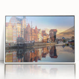 Mid-century modernist art depicting a European Polish landscape in muted gray and blue tones, framed acrylic.