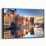 Black and white landscape art of a European city on framed canvas, ideal for bedroom wall decor.