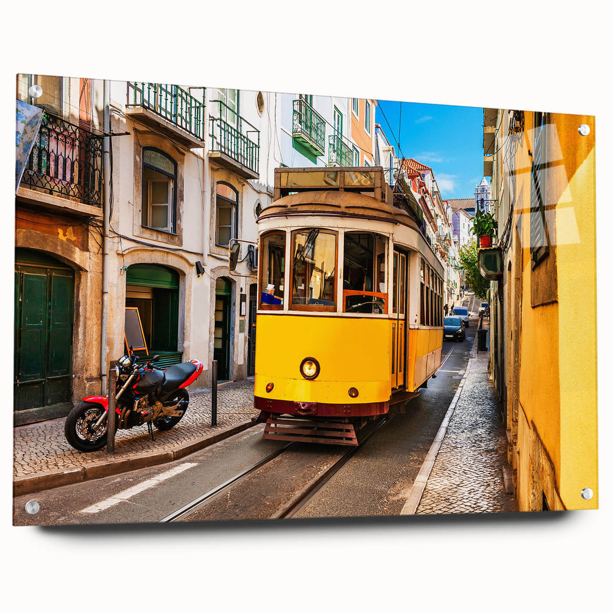 Acrylic print of Lisbon scenery with vibrant blue and white tones, ideal for dining room decor.