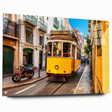 Acrylic print of Lisbon scenery with vibrant blue and white tones, ideal for dining room decor.