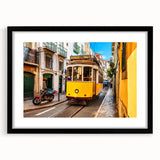Extra large colorful art print of abstract Lisbon scenery in textured style on a black framed canvas.