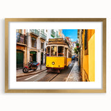 Abstract art print of Lisbon scenery in muted gold and blue tones, framed with a mat, ideal for dining room decor.