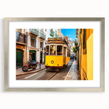 Extra large abstract art print depicting a textured Lisbon scenery in muted earth tones, framed in silver.