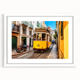 Textured abstract art print of Lisbon scenery in muted earth tones on a framed white mat, suitable for bedroom decor.