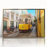 Framed acrylic print of Lisbon scenery in art deco style, featuring gold and blue tones, ideal for modern art wall decor.