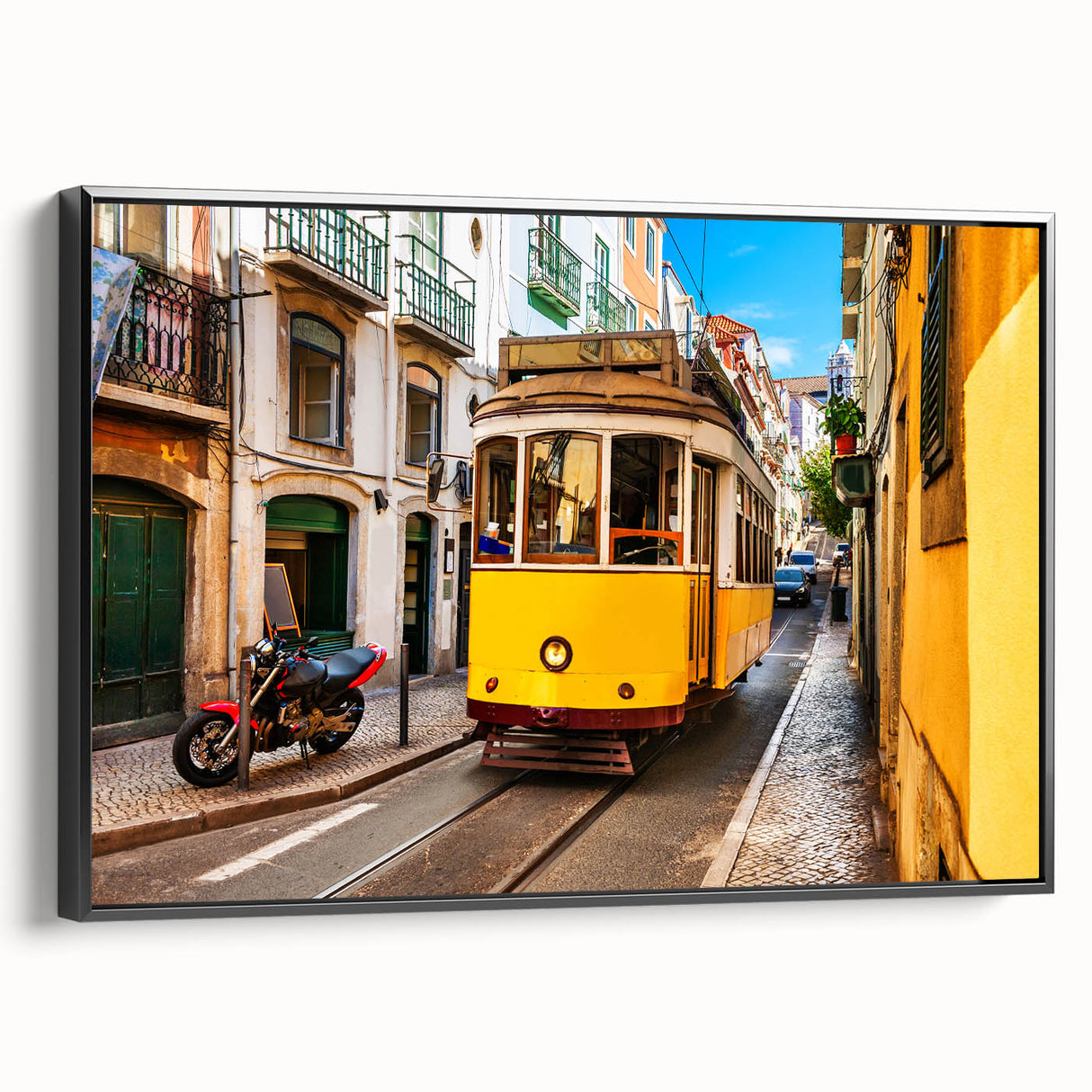 Black and white framed canvas featuring a vintage Lisbon landscape, perfect for bedroom wall decor.