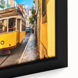 Extra large framed canvas featuring a textured depiction of Lisbon scenery in black with colorful art accents.