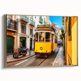 Framed canvas depicting a vintage-style Lisbon landscape in black and gold, ideal for bedroom wall art.