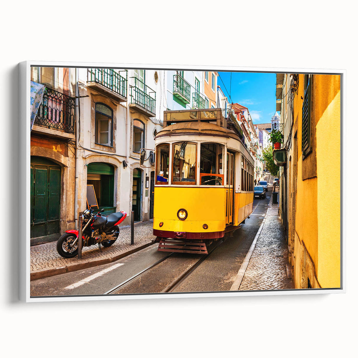 Vintage poster art of Lisbon with colorful, detailed imagery on extra large framed canvas, ideal for living room decor.