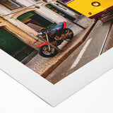 Art deco poster of Lisbon scenery in muted earth tones on rolled canvas, suitable for dining room wall art.