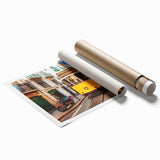 Rolled print of Lisbon scenery with floral elements in soft pastel colors, ideal for large living room or bathroom wall art.