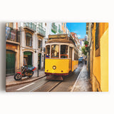 Black and white stretched canvas showing Lisbon’s historic architecture, ideal for kitchen wall art.