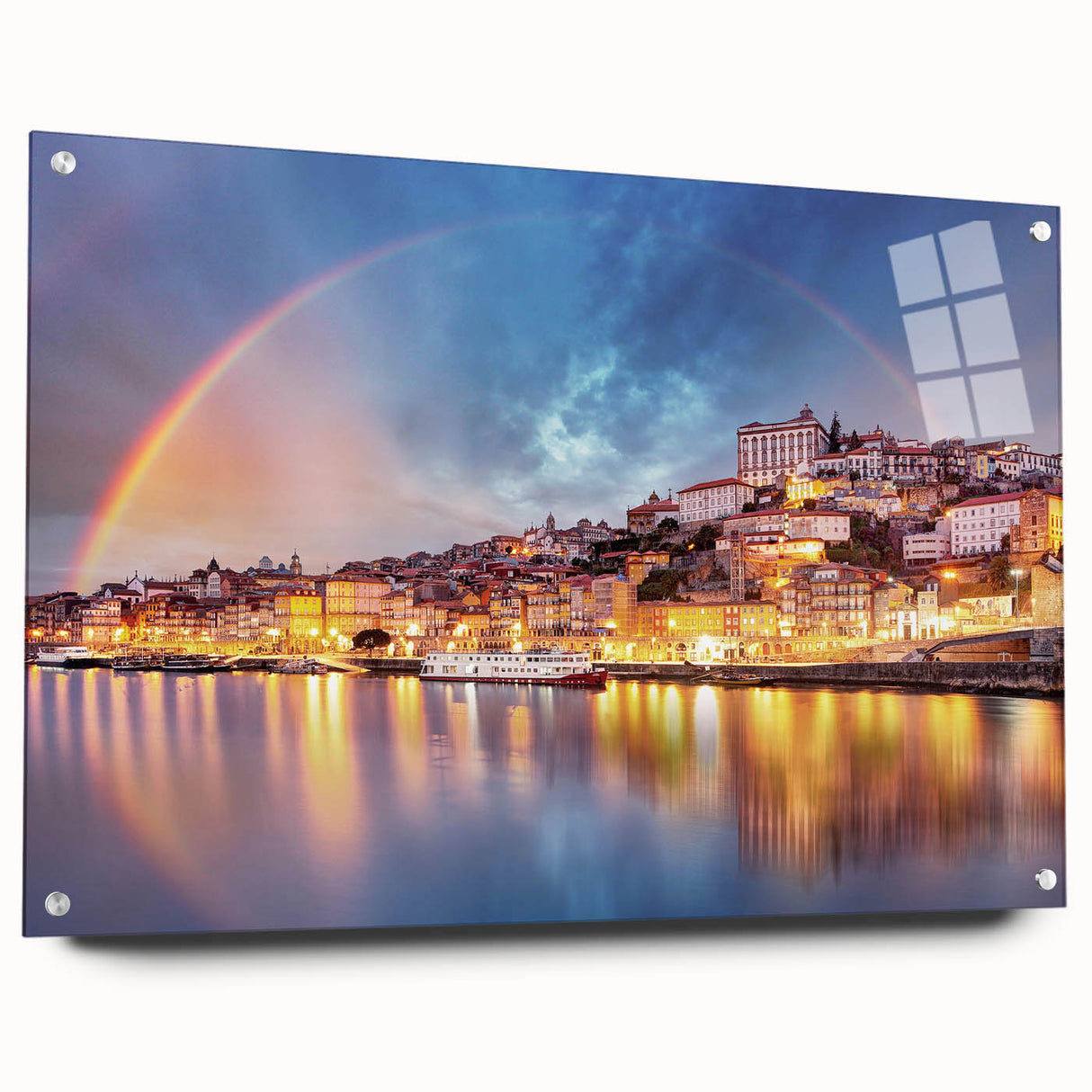 Acrylic print of Porto, Portugal scenery with vibrant blue and orange tones, ideal for dining room art.