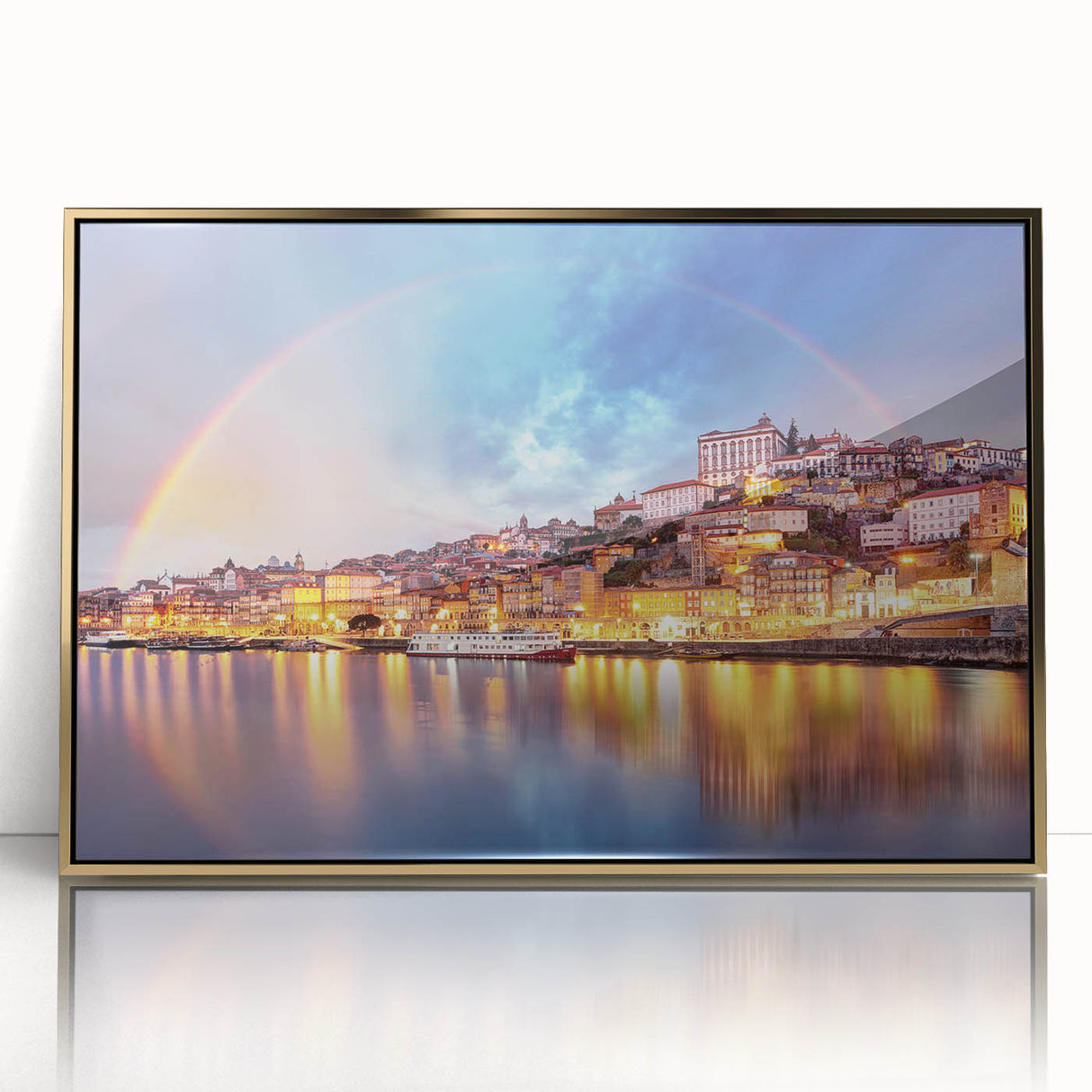 Art deco poster of Porto, Portugal in muted gold and blue tones on framed acrylic, suitable for modern art wall decor.