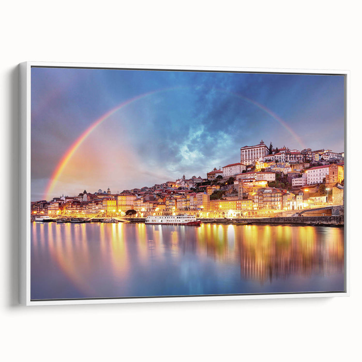 Vintage poster art of Porto, Portugal in colorful hues on extra large framed canvas, ideal for living room decor.