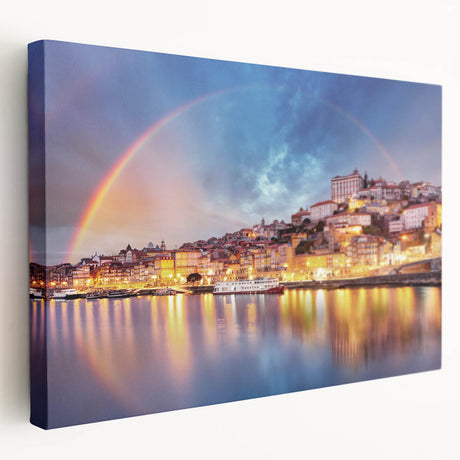 Panoramic view of Porto, Portugal on stretched canvas, featuring vibrant blues and earth tones, ideal for kitchen wall art.