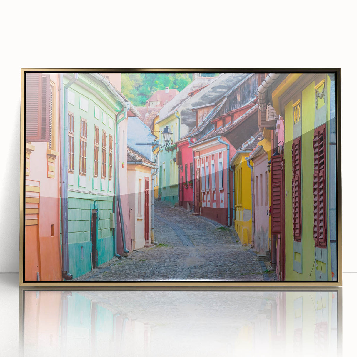 Art deco poster of a European scenery in Romania, gold-framed acrylic, suited for modern art wall decor.