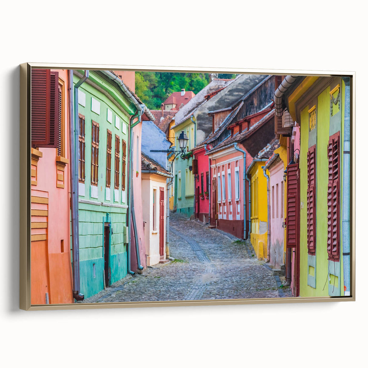 Framed canvas depicting a vintage-style Romanian landscape in muted earth tones, ideal for bedroom wall art.