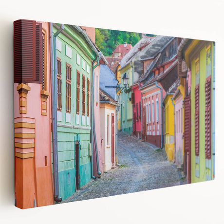 Large art depicting a scenic European landscape in Romania on stretched canvas, using earth tones.
