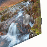 Large abstract depiction of a Scottish landscape in muted earth tones on acrylic glass, suited for dining room art.
