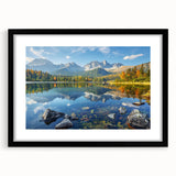 Extra large abstract art print of a colorful European landscape, textured on a framed black mat, ideal for living room decor.