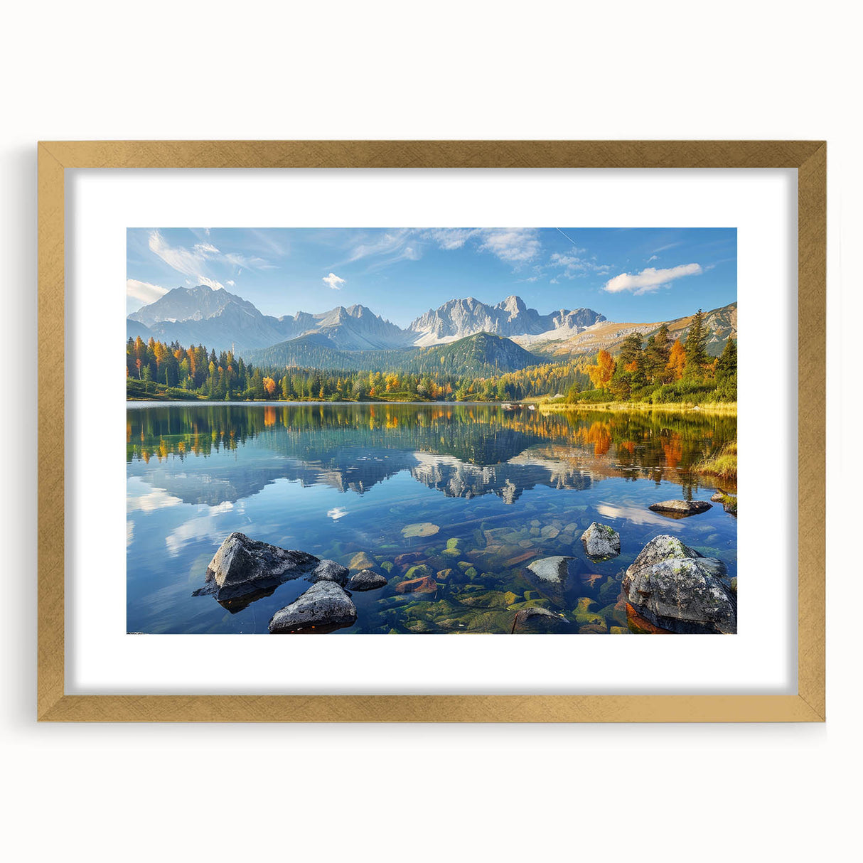 Abstract art print of a European landscape in muted earth tones on a gold-framed canvas, ideal for dining room decor.