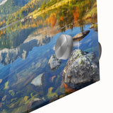 Large abstract wall art of a Slovakian landscape in muted earth tones on acrylic glass, ideal for dining room ambiance.