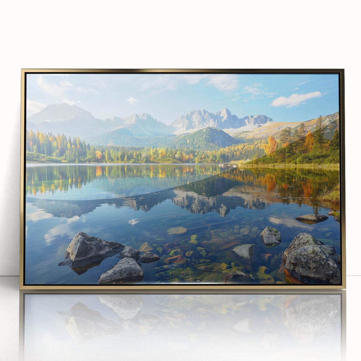 Large art print of a European Slovakian landscape in gold frame, acrylic, ideal for modern nursery wall art.