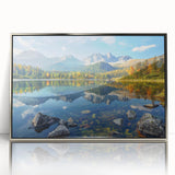 Mid-century modernist art depicting a European Slovakian landscape in muted colors on a framed acrylic print.