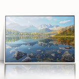 Art deco poster of a European landscape in Slovakia, featuring muted colors on a framed acrylic.