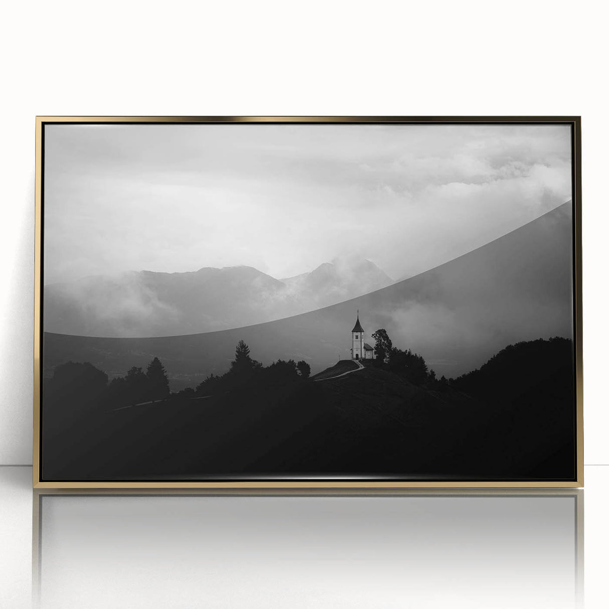 Mid-century modernist art depicting a Slovenian landscape in acrylic, framed in gold, suitable for modern art wall decor.