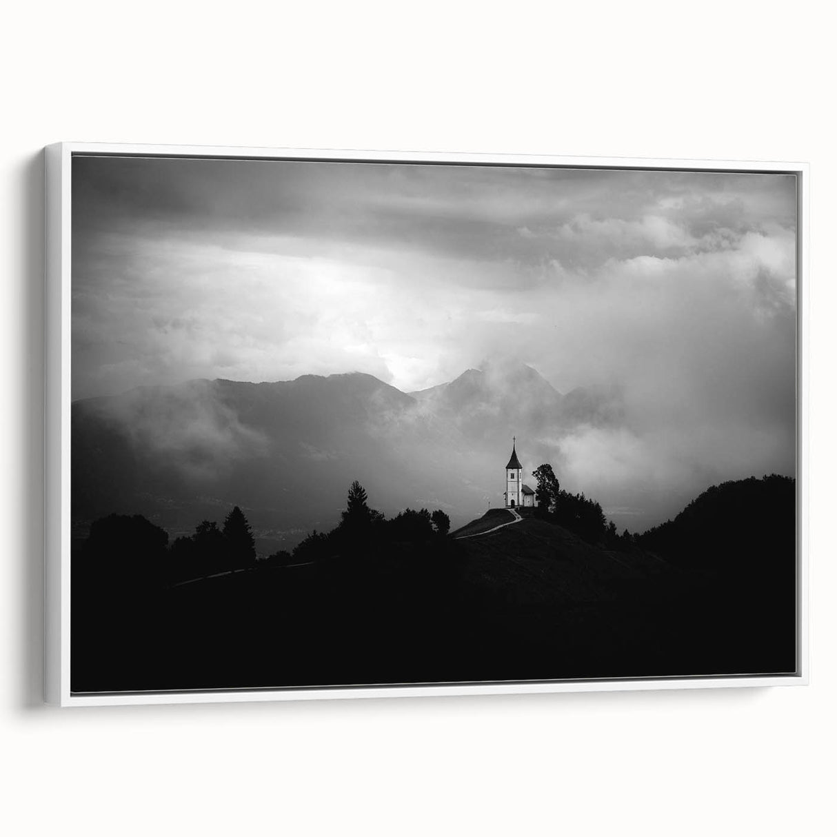 Framed canvas featuring a vintage-style landscape painting of a Slovenian scenery in muted earth tones.