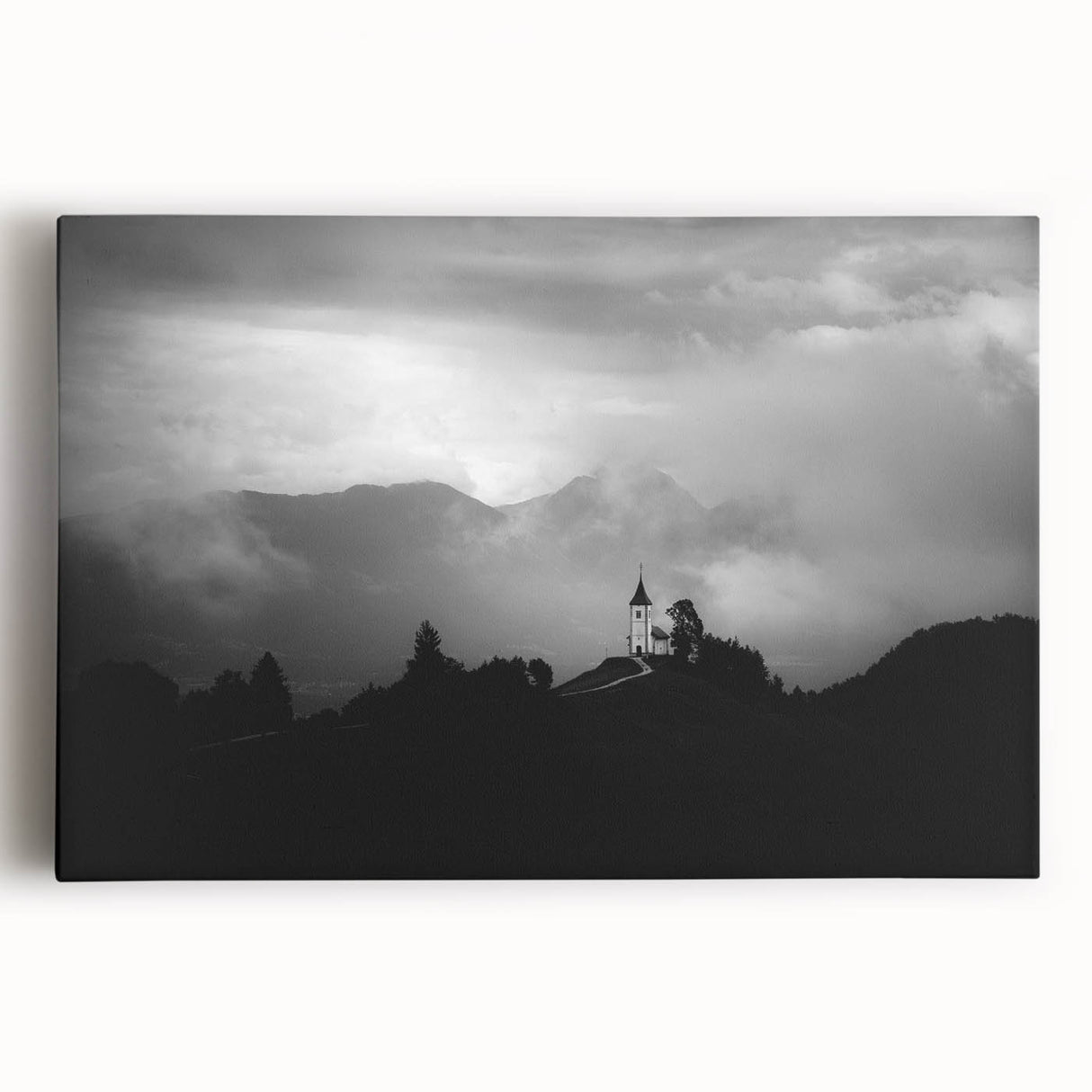 Black and white photograph of a Slovenian landscape on stretched canvas, ideal for kitchen wall art.